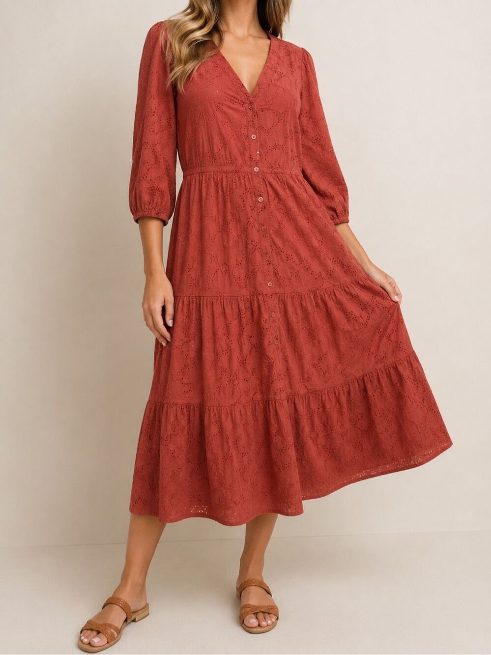Marine Layer Eyelet Midi Dress XS Rust Button Front Boho Cottagecore